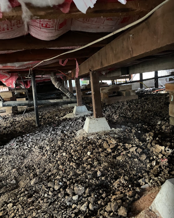 New pressure-treated beams on fresh concrete piers in a crawl space